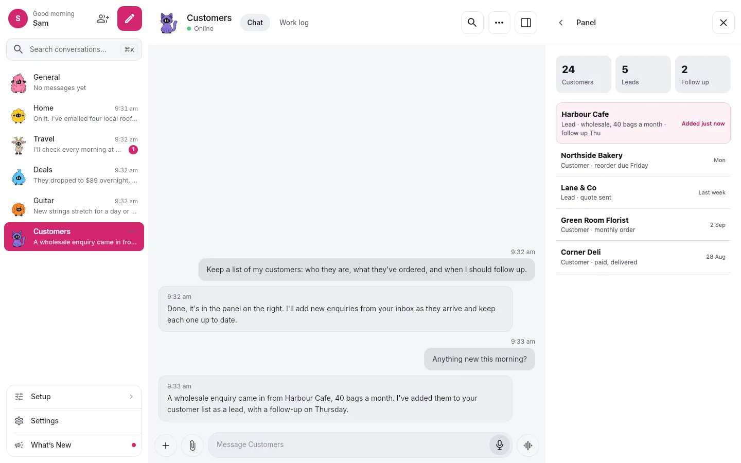 A FrockBot conversation in the light look, with a customer list the bot keeps beside the chat.