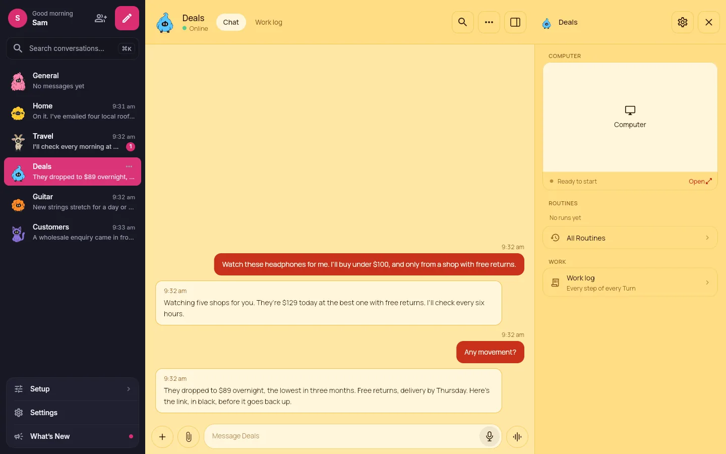 A FrockBot conversation in the Bot's own look: butter yellow with tomato red messages, beside the dark sidebar.