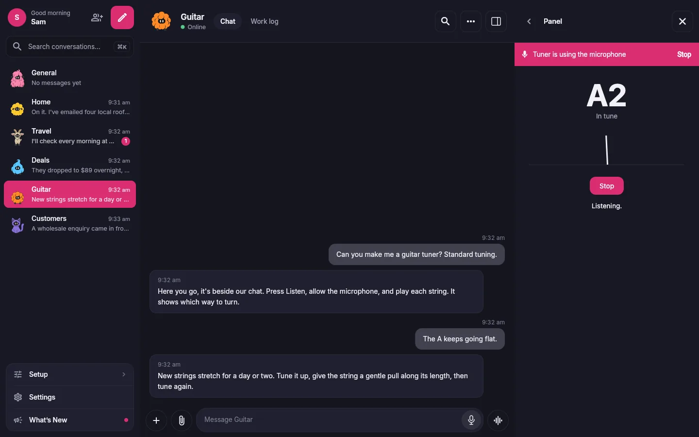A FrockBot conversation in the dark look, with a guitar tuner listening through the microphone and a Stop button.