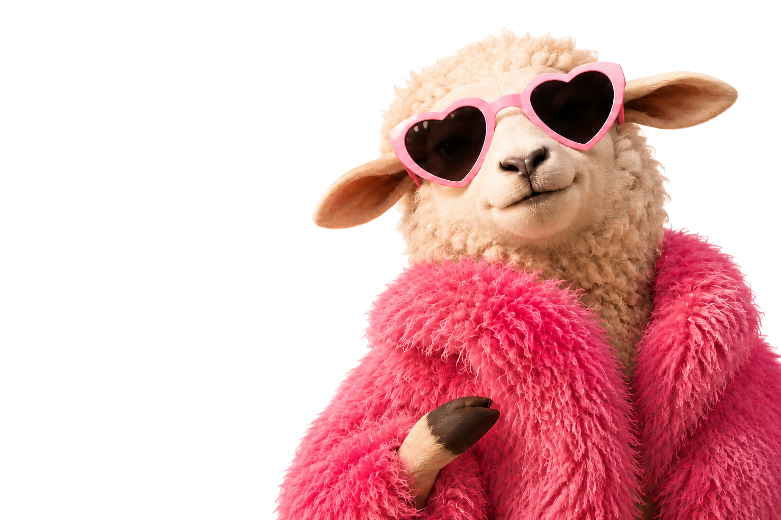 A sheep wearing pink heart-shaped sunglasses and a raspberry fashion coat
